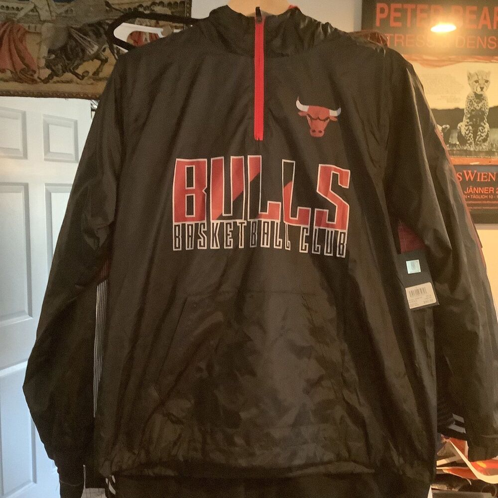 NBA Chicago Bulls 1/4 Zip Hooded Windbreaker Pullover Jacket Black/Red Size S Sh